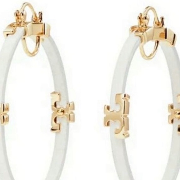 Tory Burch white leather sheriff T hoop earrings - Picture 5 of 7